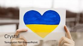  Presentation with ukraine - Slide set consisting of hands holding paper heart with painted ukraine flag background and a coral colored foreground