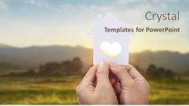  Presentation with family holding hands - Cool new PPT theme with hands-holding-paper-house-family backdrop and a sky blue colored foreground