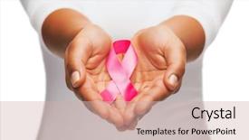  Presentation with pink ribbon breast awareness - Amazing slide deck having hands holding pink breast cancer backdrop and a soft green colored foreground