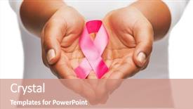  Presentation with pink ribbon breast awareness - PPT theme having hands holding pink breast cancer background and a coral colored foreground