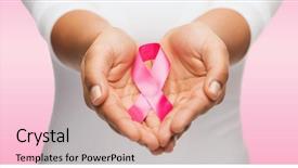  Presentation with pink ribbon breast awareness - Slide deck featuring hands holding pink breast cancer background and a coral colored foreground