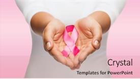  Presentation with pink ribbon hands - Cool new slide deck with hands holding pink breast cancer backdrop and a coral colored foreground