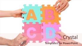  Presentation with hand holding puzzle piece - Colorful theme enhanced with hands holding puzzle with abcd backdrop and a lemonade colored foreground