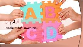 Presentation with hand holding puzzle piece - Audience pleasing theme consisting of hands holding puzzle with abcd backdrop and a coral colored foreground