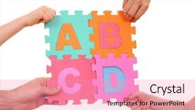  Presentation with hands holding - Colorful PPT layouts enhanced with hands holding puzzle with abcd backdrop and a coral colored foreground
