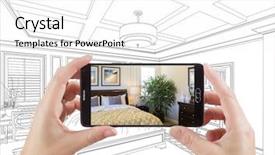  Presentation with displaying - Colorful slide deck enhanced with hands holding smart phone displaying photo of custom bedroom drawing behind backdrop and a white colored foreground