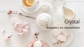  Presentation with porcelain - PPT theme with hands holding sweets for tea background and a lemonade colored foreground