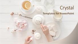  Presentation with high tea - Audience pleasing slide deck consisting of hands holding sweets for tea backdrop and a sky blue colored foreground