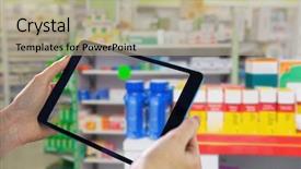  Presentation with drugs - PPT layouts enhanced with hands holding tablet against close up of shelves of drugs background and a mint green colored foreground