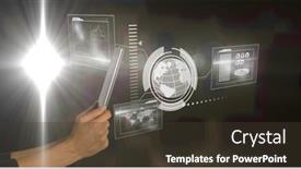  Presentation with information communication technology - PPT theme having hands-holding-tablet-and-digital background and a  colored foreground