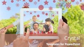  Presentation with children hands - PPT layouts with hands holding tablet pc against parents giving children a piggyback background and a coral colored foreground