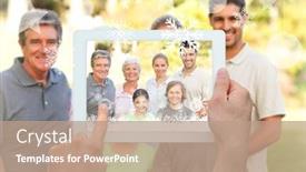  Presentation with family holding hands - PPT theme consisting of hands holding tablet pc against family in the park background and a coral colored foreground