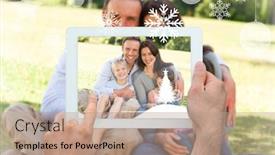  Presentation with family holding hands - Audience pleasing PPT layouts consisting of hands holding tablet pc against family sitting in the park backdrop and a coral colored foreground