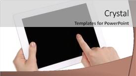  Presentation with hands holding black tablet - Slides consisting of hands holding tablet pc isolated background and a light gray colored foreground