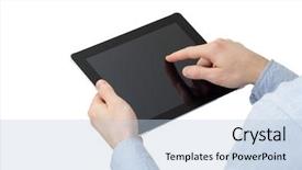 Presentation with tablet - PPT layouts enhanced with hands holding the tablet computer background and a light blue colored foreground