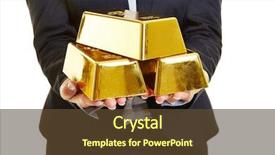  Presentation with gold bars - Audience pleasing presentation theme consisting of hands holding three gold bars backdrop and a tawny brown colored foreground