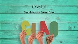  Presentation with ciao - Cool new presentation design with hands holding up ciao against digitally generated grey wooden planks backdrop and a seafoam green colored foreground