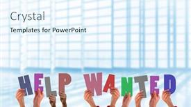  Presentation with help wanted - Beautiful PPT layouts featuring hands holding up help wanted against room with large window overlooking city backdrop and a sky blue colored foreground