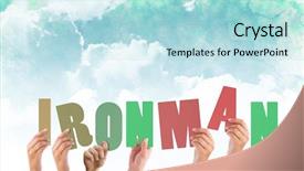  Presentation with ironman - PPT theme featuring hands holding up ironman background and a light blue colored foreground