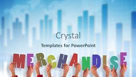  Presentation with merchandise - PPT theme having hands holding up merchandise against global business graphic in blue background and a sky blue colored foreground