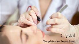  Presentation with rubber gloves - PPT layouts featuring hands in rubber gloves of beautician that hold instruments for doing epilation above face of woman lying on couch in beauty salon background and a lemonade colored foreground