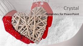 Presentation with hands holding - Presentation theme with hands in warm red gloves holding wicker heart on snowy background background and a light gray colored foreground