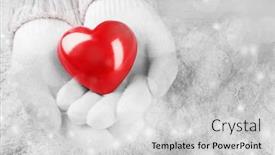  Presentation with hands heart - Slides featuring hands in warm white gloves holding red heart on snowy background background and a light gray colored foreground