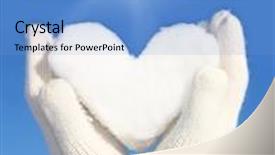 Presentation with white snow - Cool new theme with hands in white gloves holding snow heart against blue sky backdrop and a light blue colored foreground