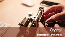  Presentation with microprocessor - Slide set consisting of hands installing microprocessor into motherboard background and a tawny brown colored foreground