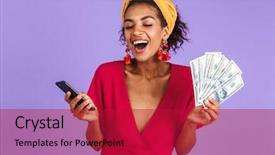  Presentation with mobile money - Colorful theme enhanced with hands isolated over violet backdrop and a crimson colored foreground