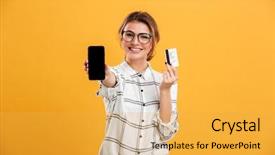  Presentation with holding hands - PPT theme featuring holding smartphone and credit card background and a yellow colored foreground