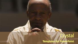  Presentation with man sitting bench - PPT layouts with hands leaning on a cane background and a tawny brown colored foreground