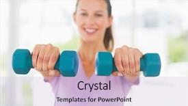  Presentation with lifting weights - Presentation design enhanced with hands lifted - portrait of a smiling young background and a  colored foreground