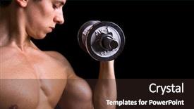  Presentation with lifting weights - Slides enhanced with hands lifted - powerful muscular young man lifting background and a  colored foreground