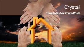 Presentation with grass dark - Audience pleasing presentation theme consisting of hands making house shape against green grass under dark blue and orange sky backdrop and a coral colored foreground