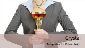  Presentation with trophy award hand holding - Beautiful slide set featuring hands of a business woman backdrop and a  colored foreground