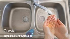  Presentation with social distancing - Cool new PPT theme with hands-of-a-caucasian-woman backdrop and a gray colored foreground