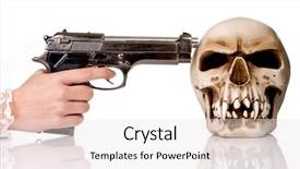  Presentation with skull - Beautiful slide set featuring hands of a woman holding a gun against a skull backdrop and a sky blue colored foreground