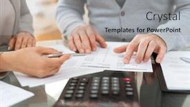  Presentation with information - Slide deck having hands of agent and senior client discussing investment information in financial document while sitting by table background and a light gray colored foreground