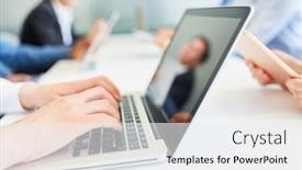  Presentation with business training - Amazing PPT layouts having hands-of-business-man-typing backdrop and a sky blue colored foreground