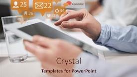  Presentation with touch screen - Slide deck consisting of hands-of-business-man-typing background and a coral colored foreground