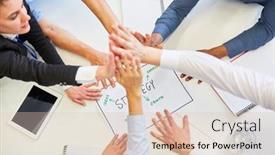  Presentation with teambuilding - Slide set enhanced with hands-of-business-people-giving background and a lemonade colored foreground