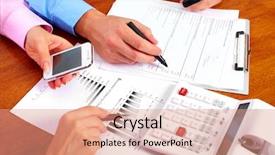  Presentation with group - Beautiful presentation design featuring hands of business people group backdrop and a coral colored foreground