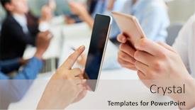  Presentation with smartphone app - Theme having hands-of-business-people-use background and a soft green colored foreground