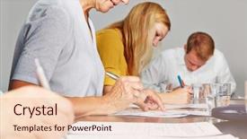  Presentation with writing - Audience pleasing slide deck consisting of hands of business people writing backdrop and a  colored foreground