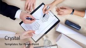  Presentation with meeting table - Theme having construction drawing - hands of business people background and a mint green colored foreground