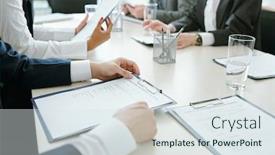  Presentation with front desk - Audience pleasing presentation design consisting of hands-of-business-people backdrop and a sky blue colored foreground