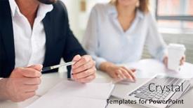  Presentation with interaction - Presentation theme having hands of businessman with pen over open notebook during interaction with colleague background and a coral colored foreground