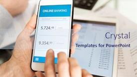  Presentation with online banking - Cool new theme with hands of businessperson holding smartphone while scrolling through online banking account by workplace backdrop and a sky blue colored foreground