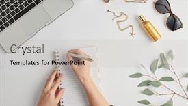  Presentation with notebook page - Colorful slide deck enhanced with hands-of-businesswoman-holding-pen backdrop and a light gray colored foreground